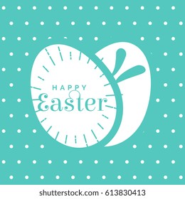 blue background with happy easter lettering and rabbit eggs