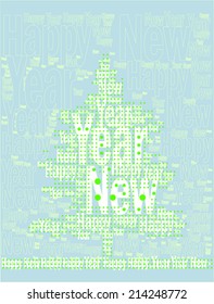 blue background 'Happy New Year' text vector silhouette of a Christmas tree filled with printed pattern design. designed to celebrate the new year in style pop art.