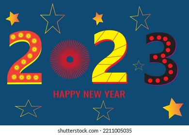 blue background happy new year 2023 and star icon.Happy New Year 2023. Vector holiday illustration with 2023.
