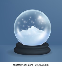 Antecedentes azules Feliz Año Nuevo. Feliz bola navideña con nieve y copos de nieve, en escena de estudio, mofa 3d realista. Decoración de vacaciones en el globo de cristal. Ilustración del vector