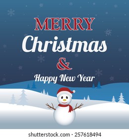 a blue background with a happy snowman and text for christmas and new year