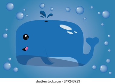 a blue background with a happy whale and bubbles