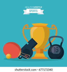 blue background of healthy lifestyle sports with trophy and kettlebell and whistle and ping pong racket