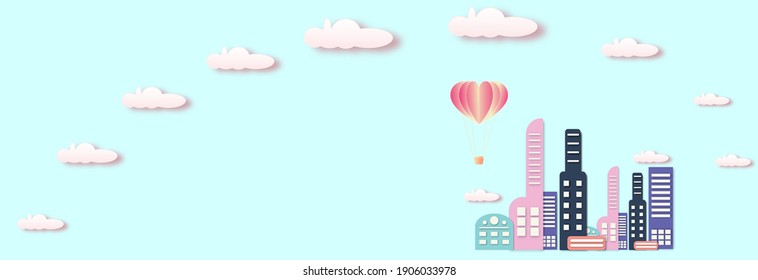 
Blue background with heart pattern There are buildings and balloons and Happy Valentine's Day.