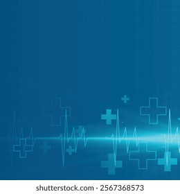 Blue background with a heartbeat ECG line glowing in the center, overlaid with medical cross symbols and a subtle grid pattern, creating a healthcare-themed design editable vector