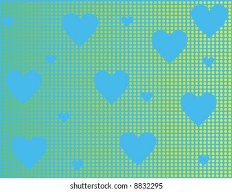 Blue background with blue hearts and yellow circles. illustration.