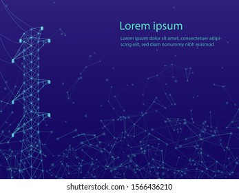 Blue background with High Voltage Power Pylon in isometric style. Steel Powerline Generator. Vector illustration 