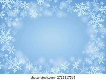 Blue background with Horizontal Winter Christmas snowflakes frame. Vector illustration background