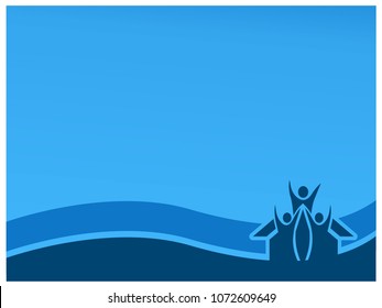 Blue background with house and people. Flat background