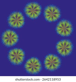Blue background icon. Green fluffy flowers. Radial burst shape. Vector abstract design. - Powered by Shutterstock - Get 15% off with code: PIKWIZARD15