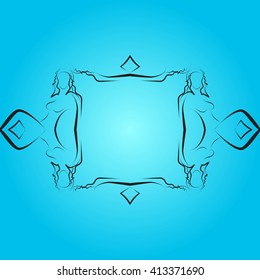 Blue background illustration with black frame for your text performed by connecting outline sexy girls closed to each other. Vector illustration. For presentations, graphics, design, wallpaper