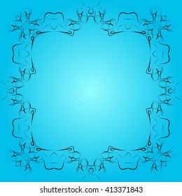 Blue background illustration with black frame for your text performed by connecting outline sexy girls closed to each other. Vector illustration. For presentations, graphics, design, wallpaper