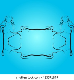 Blue background illustration with black frame for your text performed by connecting outline sexy girls closed to each other. Vector illustration. For presentations, graphics, design, wallpaper