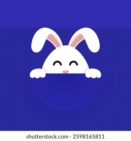 Blue background with illustration of cute rabbit peeking