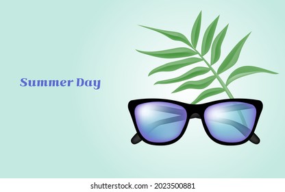 Blue background illustration with blue tint sunglasses and leaves.