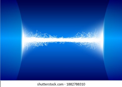 A blue background image with two white lights colliding.