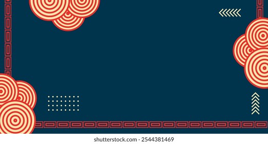 Un fondo azul, temático alrededor del antiguo Japón, con varios adornos circulares y cuadrados característicos del arte tradicional japonés.