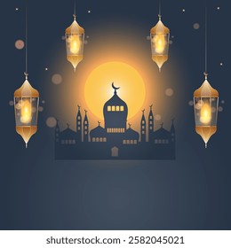 Blue background for Islamic holidays with a golden lamp and mosque.For postcards, banners.Vector 10 eps
