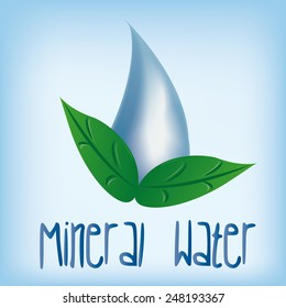 a blue background with an isolated drop of water, text and a pair of leaves