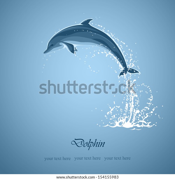 blue background with jumping dolphin and a splash\
of water