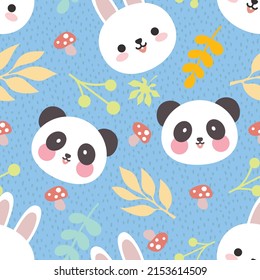 blue background kawaii woodland animals, panda and white rabbit face, kids forest animals scandinavian style seamless pattern
background, nursery cute colorful print, fabric and textile motif