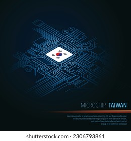 Blue background with Korea flag microchip and perspective electric circuit board silhouette. Electronic technology boardwith cpu made in America