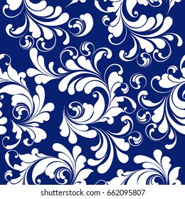 Blue background with Lacy white pattern. Decoration of the design. Seamless template for wallpaper, wrapping, fabric.