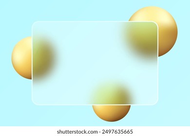 Blue background, landing page of the website in the style of Glass morphism. Vector illustration with blurred floating spheres of gold color.