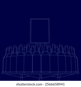 Blue background with a large number of bottles. The bottles are arranged in a circular pattern. Concept of abundance and abundance of bottles