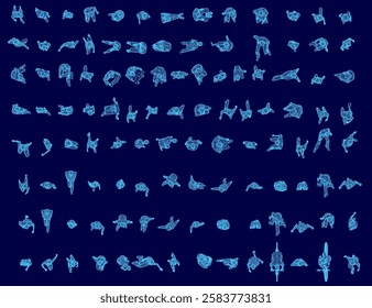 A blue background with a large number of people in various poses. The people are all different sizes and shapes, and some are standing while others are sitting. Scene is one of diversity. Top view