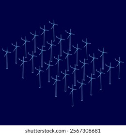 Blue background with a large number of wind turbines. The wind turbines are all lined up in a row and are all facing the same direction