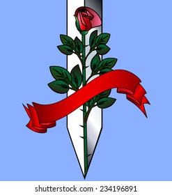 blue background and a large scarlet rose with ceremonial blade