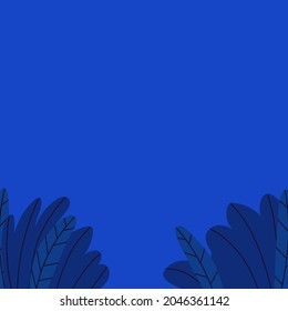 Blue background with leaves and plants at the bottom. Square blue frame with blank space in the center and top. Vector stock illustration of cartoon simple night landscape.