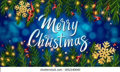 Blue background with lettering Merry Christmas, realistic pine branches, luminous garlands, serpentine, glitter gold snowflake. Christmas greeting card, poster, postcard, banner