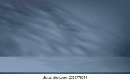 Blue Background With Light And Shadow, Sunlight On Podium Wall In Color Studio, Cyan Backdrop With 3D Platform, Kitchen Interior, Empty White Display Stage And Minimal Product Presentation Scene.