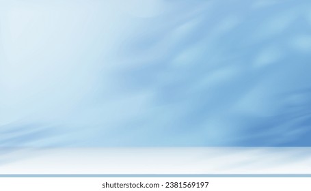Blue Background With Light And Shadow, Sunlight On Podium Wall In Color Studio, Cyan Backdrop With 3D Platform, Kitchen Interior, Empty White Display Stage And Minimal Product Presentation Scene.