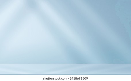 Blue Background With Light And Shadow, Sunlight On Podium Wall In Color Studio, Cyan Backdrop With 3D Platform, Kitchen Interior, Empty White Display Stage And Minimal Product Presentation Scene.