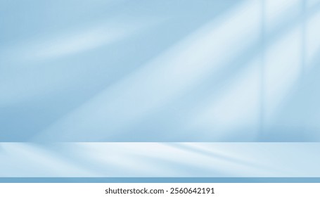 Blue Background With Light And Shadow, Sunlight On Podium Wall In Color Studio, Cyan Backdrop With 3D Platform, Kitchen Interior, Empty White Display Stage And Minimal Product Presentation Scene.