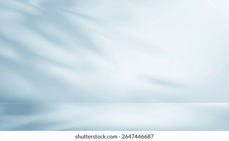 Blue Background With Light And Shadow, Sunlight On Podium Wall In Color Studio, Cyan Backdrop With 3D Platform, Kitchen Interior, Empty White Display Stage And Minimal Product Presentation Scene.
