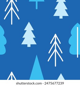 Blue background light blue trees white tree outlines design. Geometric tree shapes various shades blue, scattered pattern. Winterthemed graphic style simple, modern vectors