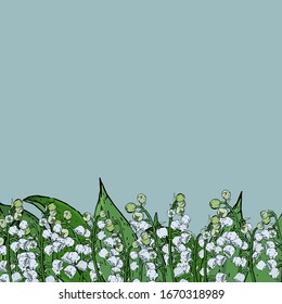 
blue background with lilies of the valley below
