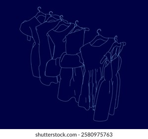 A blue background with a line of clothes hanging on it. The clothes are all different styles