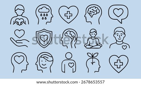 Blue background line icons mental health brain therapy awareness
