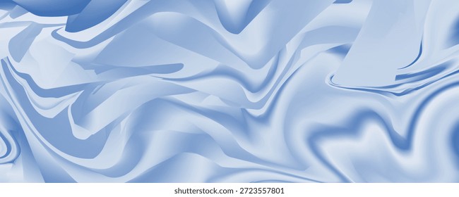 Fondo azul con efecto de ondulaciones líquidas. Ilustración vectorial realista de textura de tela de satén azul con ondas y pliegues. 