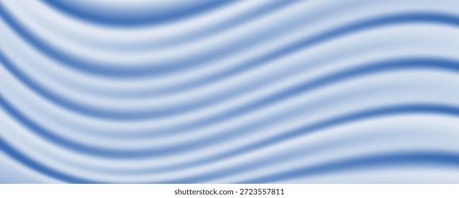 Fondo azul con efecto de ondulaciones líquidas. Ilustración vectorial realista de textura de tela de satén azul con ondas y pliegues. 