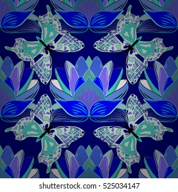 Blue background with blue lotus and butterflies. Vector illustration.