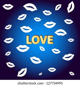 Blue background love with white lips of the various sizes
