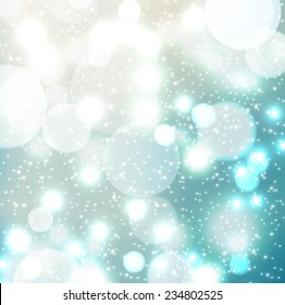 blue background with macro bokeh lights snowfall. Perfect template for posters, websites, magazines, brochures, catalogs