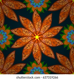 Blue background. Mandala vector floral flower oriental coloring book page outline template carpet. Seamless pattern with flowers.