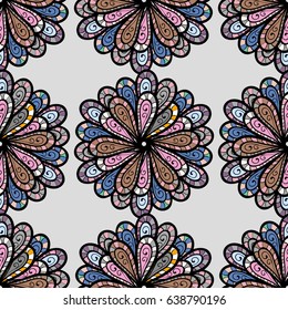 Blue background. Mandala vector floral flower oriental coloring book page outline template carpet. Seamless pattern with flowers.